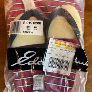 Red and white striped flip flops